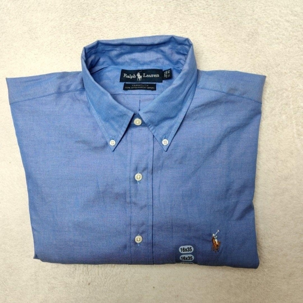 Ralph Lauren Shirt Mens 16 35 Blue Yarmouth Pinpoint Oxford OCBD Flesh Pony
